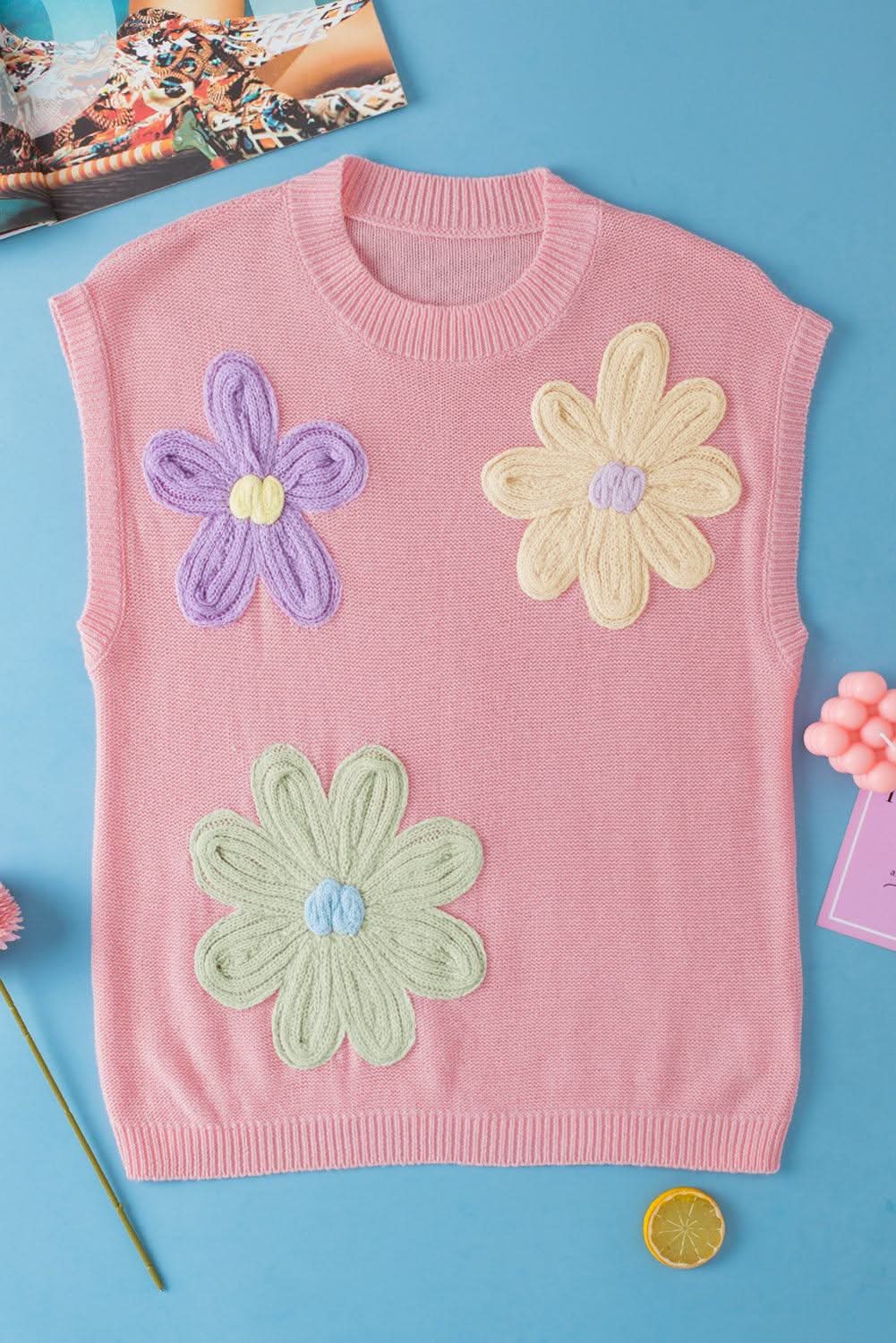 Pink Multi Crochet Flower Knit Short Sleeve Sweater Top - Love Salve